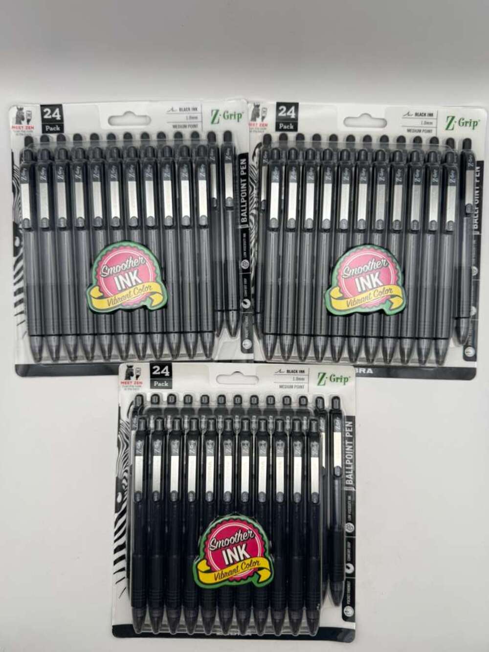 Zebra Z-Grip 72 Black Ballpoint Pens 3x24 Sealed Packs 1.0mm Medium Retractable